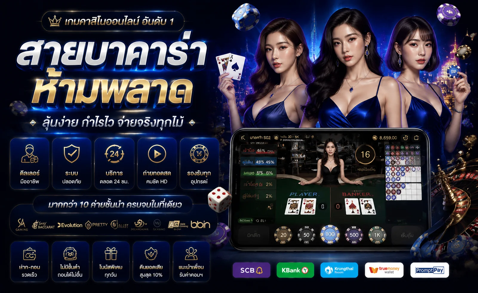 โต๊ะบาคาร่าคาสิโนสดของ 8xBET ดีลเลอร์กำลังเปิดไพ่